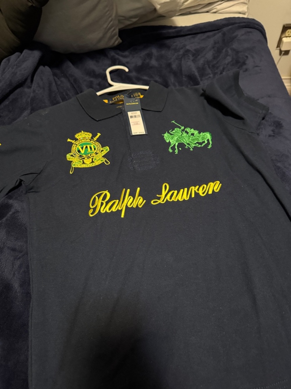 Ralph Lauren Navy Polo with Neon Green & Yellow Embroidered Logos
